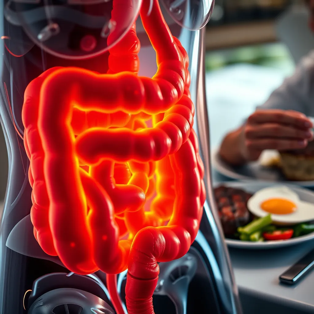 A close-up image of a human digestive system with the intestines highlighted in vibrant colors, demonstrating a healthy and balanced gut. The background should show a person enjoying a meal of grilled steak and a side of eggs, signifying the carnivore diet's potential to support gut health.