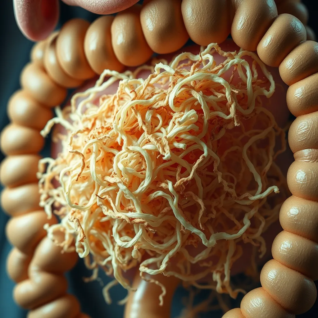 A close-up image of a human gut filled with a tangled mass of undigested fiber, highlighting the overwhelmed state and potential damage to the gut lining. The image should be stylized to convey a sense of distress and chaos within the gut.