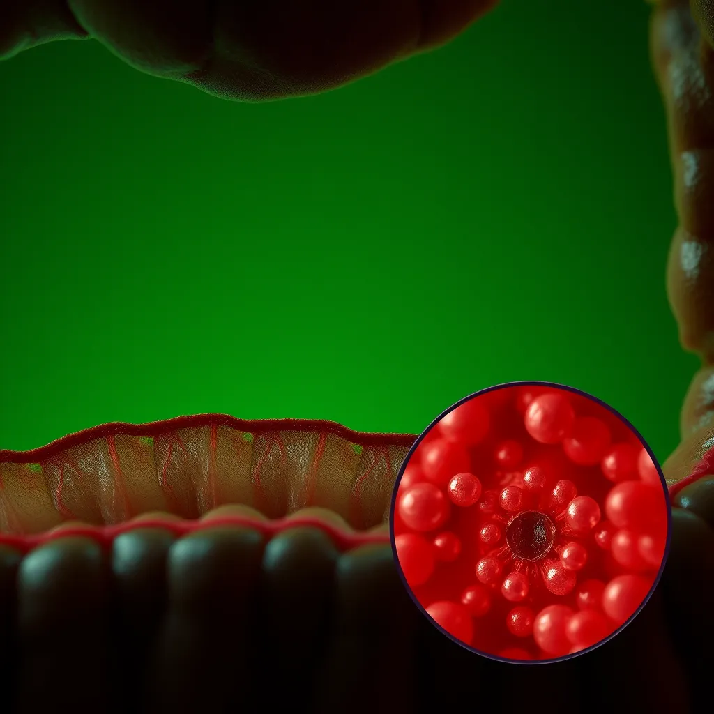 A close-up image of a human gut, showing the lining with microscopic gaps and a zoom into the gaps, revealing harmful substances passing through. The background should be a dark green color, representing the inside of the gut, and the image should have a slightly unsettling and disturbing aesthetic.