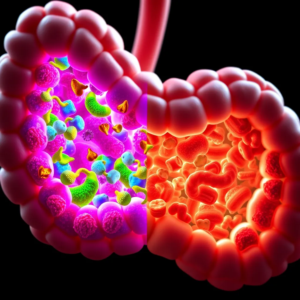 A close-up image of a human intestine with a vibrant, healthy gut microbiome on one side and a depleted, unhealthy microbiome on the other. The image should be stylized to represent a before-and-after scenario of a gut affected by a vegan diet.