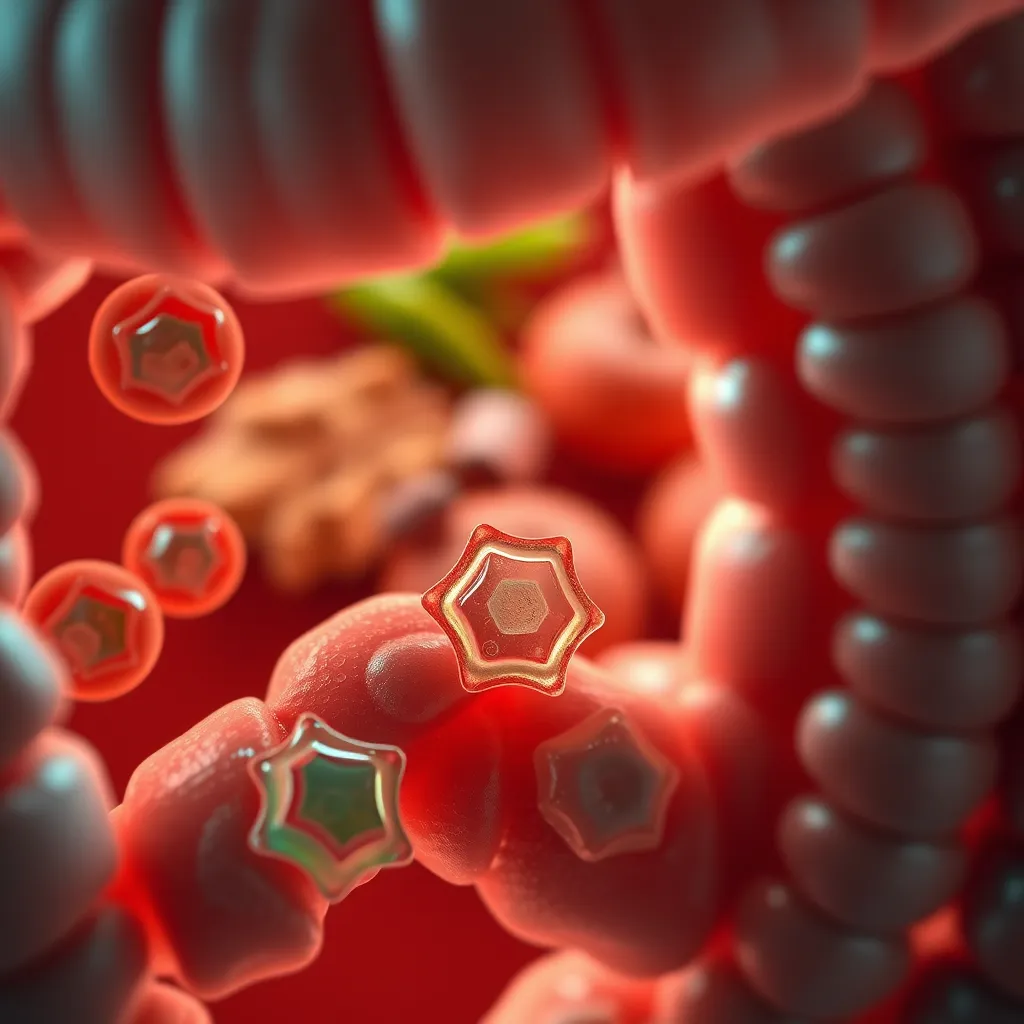 A close-up image of a human intestinal lining, showcasing healthy, vibrant cells. In the background,  a few plant-based foods like legumes and grains fade into the background, symbolizing their removal from the diet. The image should be realistic and detailed, emphasizing the positive impact on gut health.