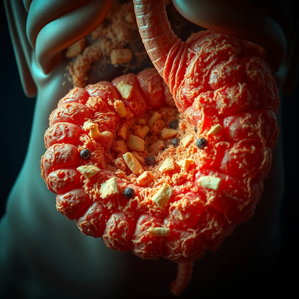 A close-up image of a human stomach filled with a swirling mass of undigested food and fiber, creating a sense of discomfort and pressure. The image should be realistic and slightly unsettling, highlighting the potential consequences of consuming too much fiber.
