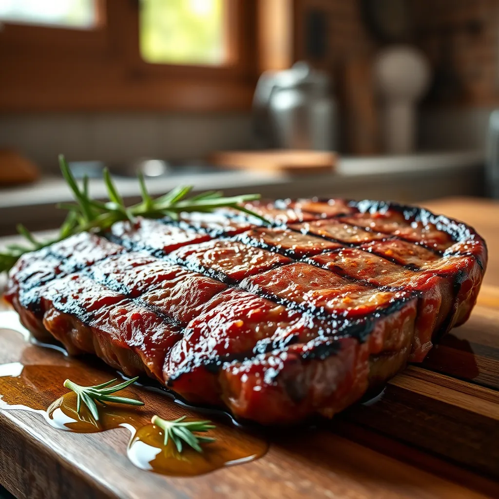 A close-up image of a perfectly grilled steak, showcasing its marbling and juicy texture. The steak is resting on a wooden cutting board, with a few sprigs of rosemary and a drizzle of olive oil surrounding it. The background is a rustic kitchen setting with natural light streaming through a window.