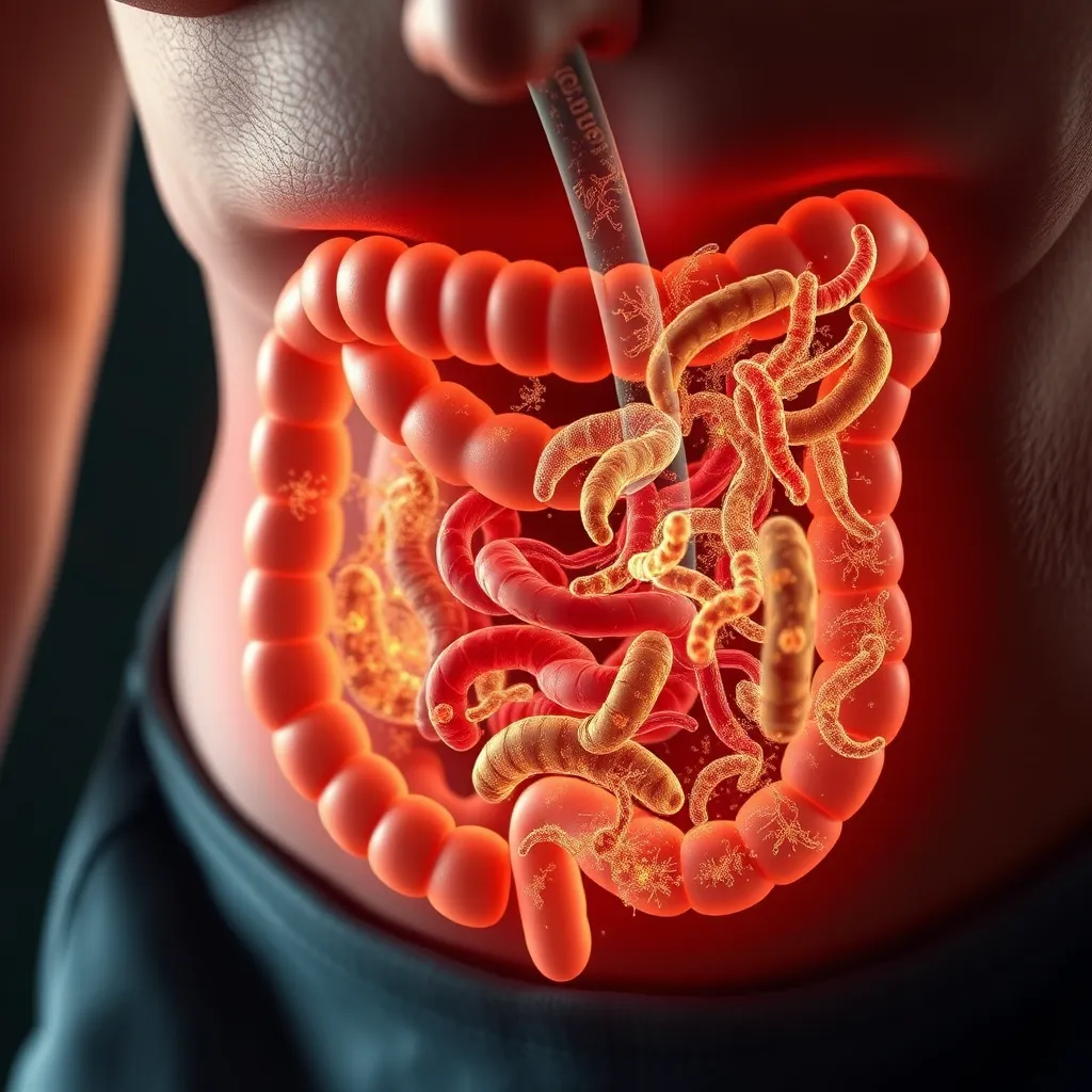 A close-up image of a person experiencing digestive discomfort, with a graphic representation of their gut microbiome. The microbiome should be depicted as unbalanced, with an excess of certain bacteria and a lack of others. The image should convey the negative effects of excessive fiber on gut health.