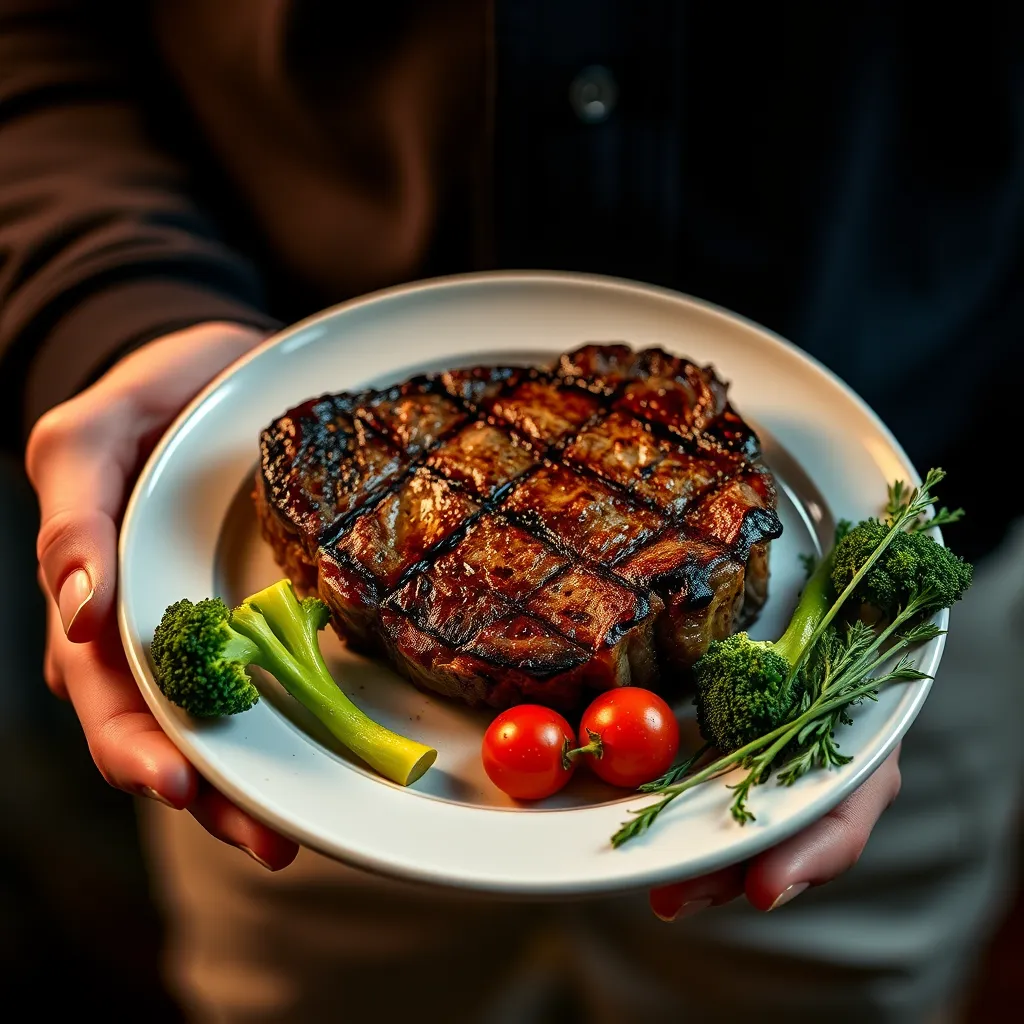A close-up image of a person holding a plate with a juicy, cooked steak, vegetables like broccoli and tomatoes are discarded to the side, highlighting a focus on meat and the elimination of plant-based foods.