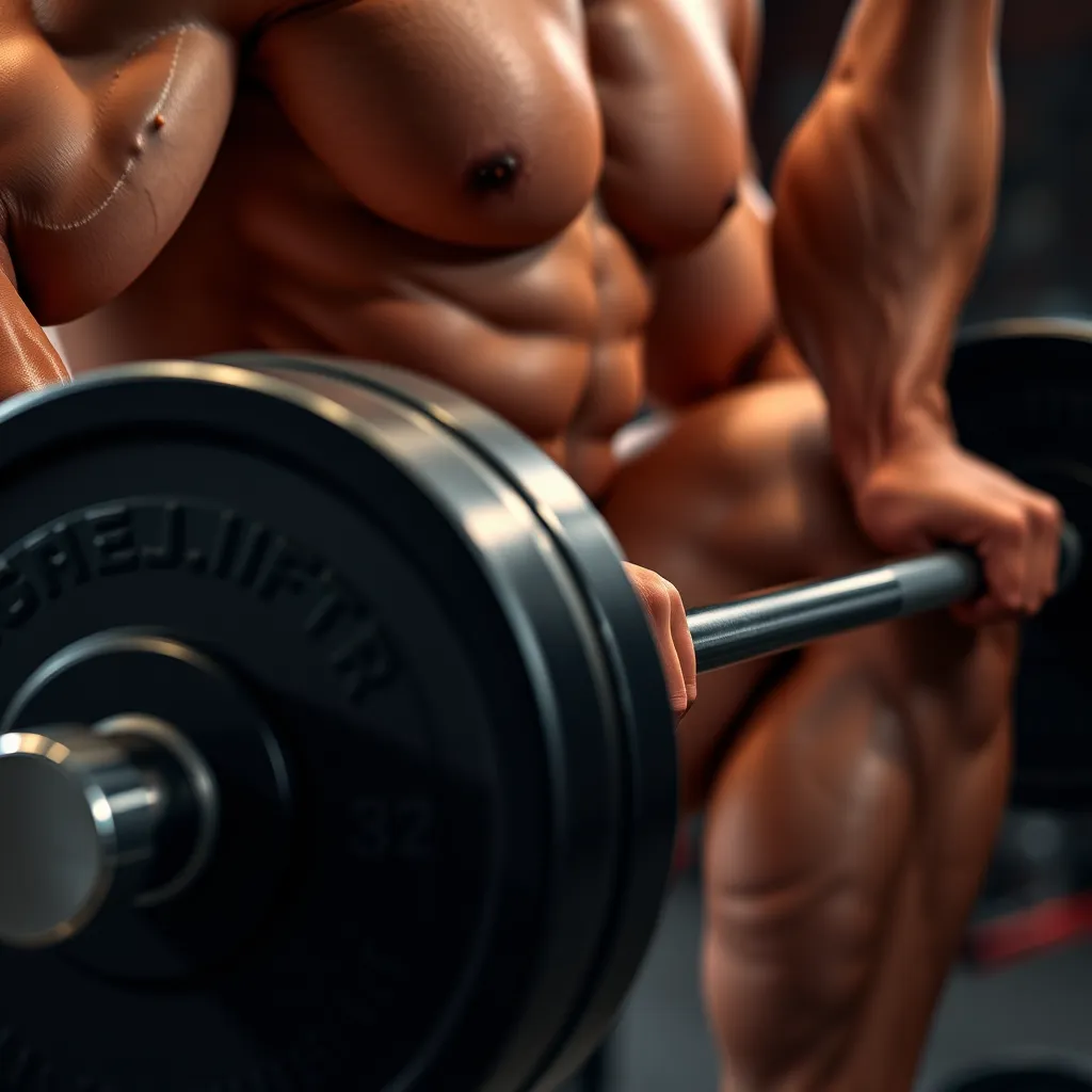 A close-up image of a person lifting weights, with a focus on their muscular arms and legs. The image should be vibrant and dynamic, emphasizing the strength and power of their muscles. Add a subtle glow around the muscles, suggesting the effect of magnesium on their recovery and growth.