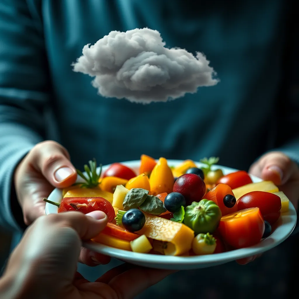 A close-up image of a person's hand holding a plate with a colorful assortment of fruits and vegetables, but with a small, dark, and slightly ominous cloud hovering above the plate, symbolizing the potential lack of essential nutrients.