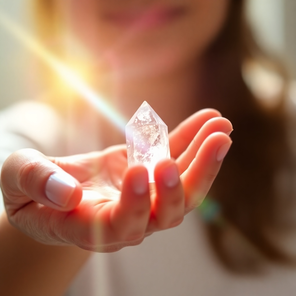 A close-up image of a person's hand holding a crystal, with a beam of light shining through it. The crystal is radiating positive energy. The background is blurred. Color palette: bright white and vibrant colors. Style: healing, energetic. Technical specs: 4K, high quality.