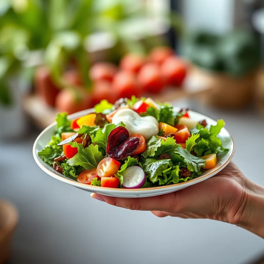 A close-up image of a person's hand holding a plate with a fresh salad made with leafy greens, colorful vegetables, and a light dressing. The background should be blurred, focusing on the healthy and vibrant salad. The image should convey the idea of a heart-healthy lifestyle choice.