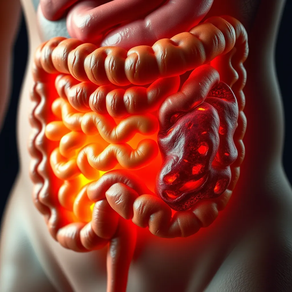 A close-up image of a person's gut, with healthy, vibrant intestines, contrasting with a depiction of inflammation and damage in another part of the gut. The image should showcase the positive impact of a carnivore diet on gut health.