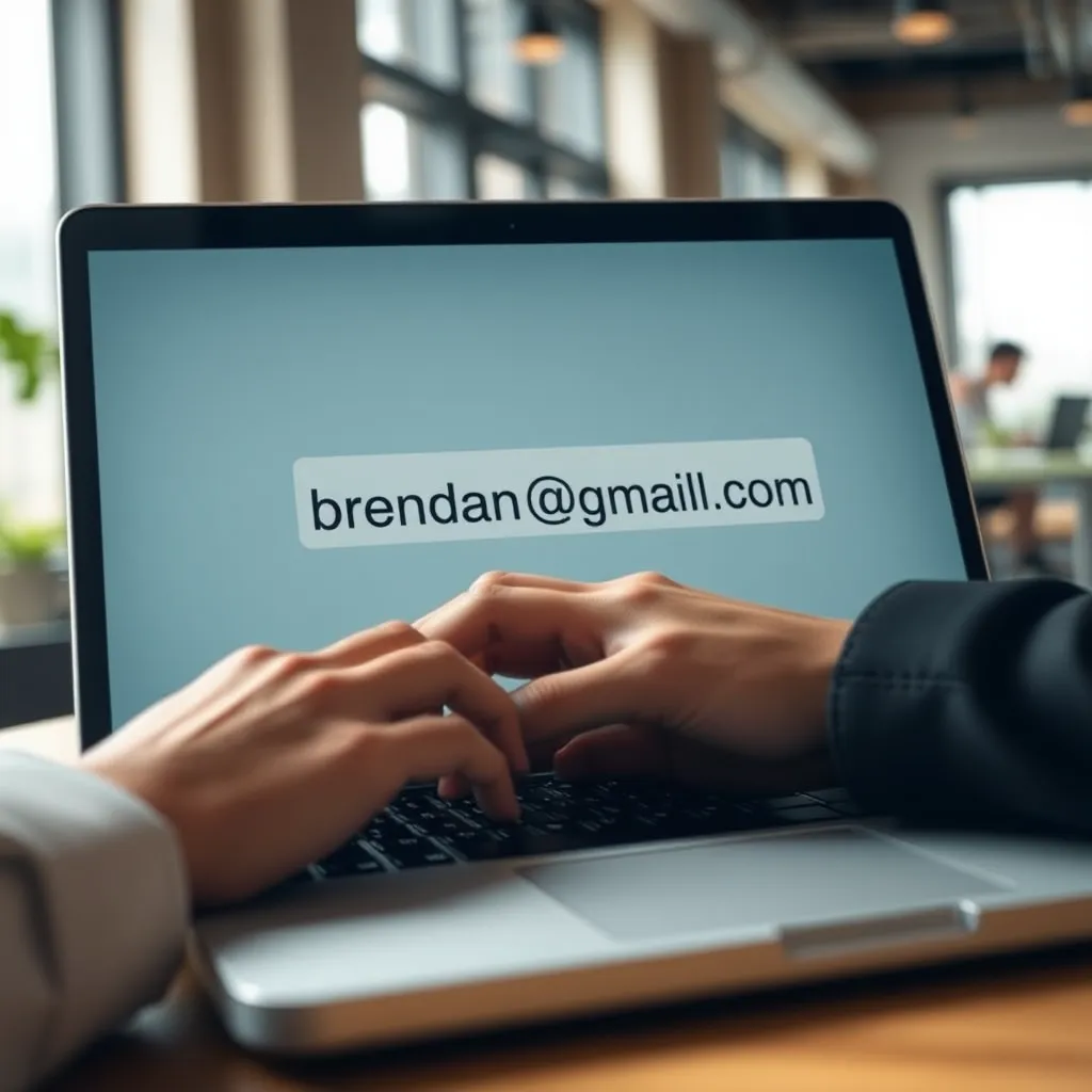A close-up image of a person typing an email on a laptop, with a focus on the screen displaying the email address 'brendan864@gmail.com'. The background should be a modern office setting with natural light.
