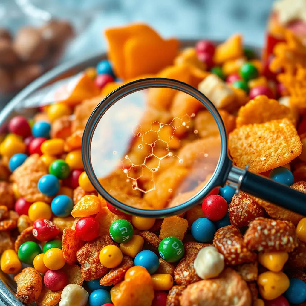 A close-up image of a plate overflowing with brightly colored, processed foods like candy, chips, and fast food, with a magnifying glass revealing tiny, swirling harmful chemicals and toxins within the food