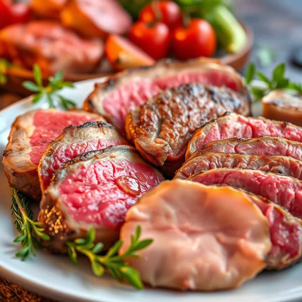 A close-up image of a plate with various cuts of meat, like steak, chicken breast, and pork chops, arranged artfully.  The meat should be cooked to a delicious medium-rare, and the lighting should be warm and inviting, highlighting the natural textures and colors of the meat. The image should convey a sense of wholesomeness and health, with a background of fresh herbs and vegetables, suggesting a balanced approach to dietary choices.