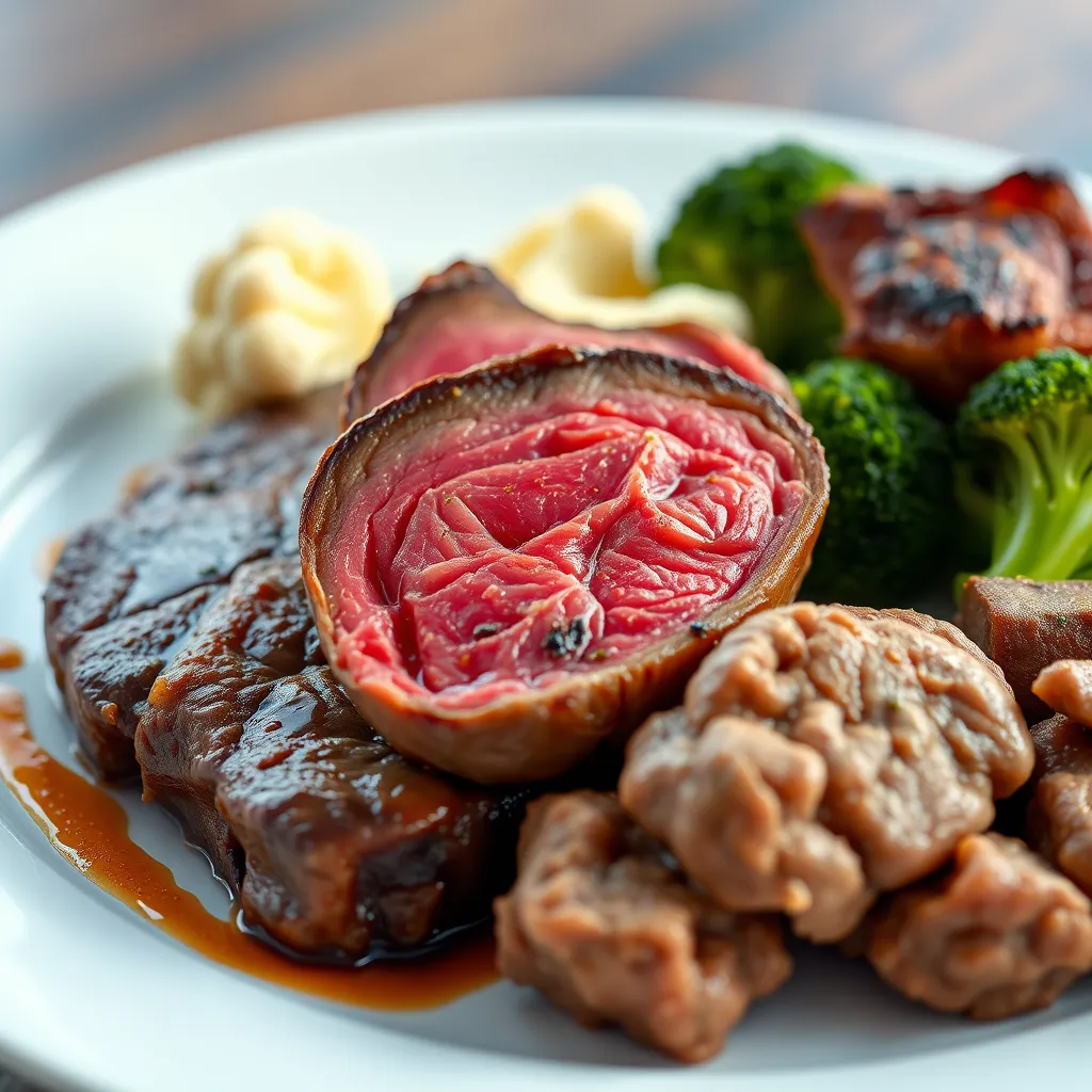 A close-up image of a plate with various cuts of red meat, including steak, lamb chops, and ground beef, with a side of vegetables like broccoli and cauliflower. The image should be bright and appetizing, highlighting the richness of the food.
