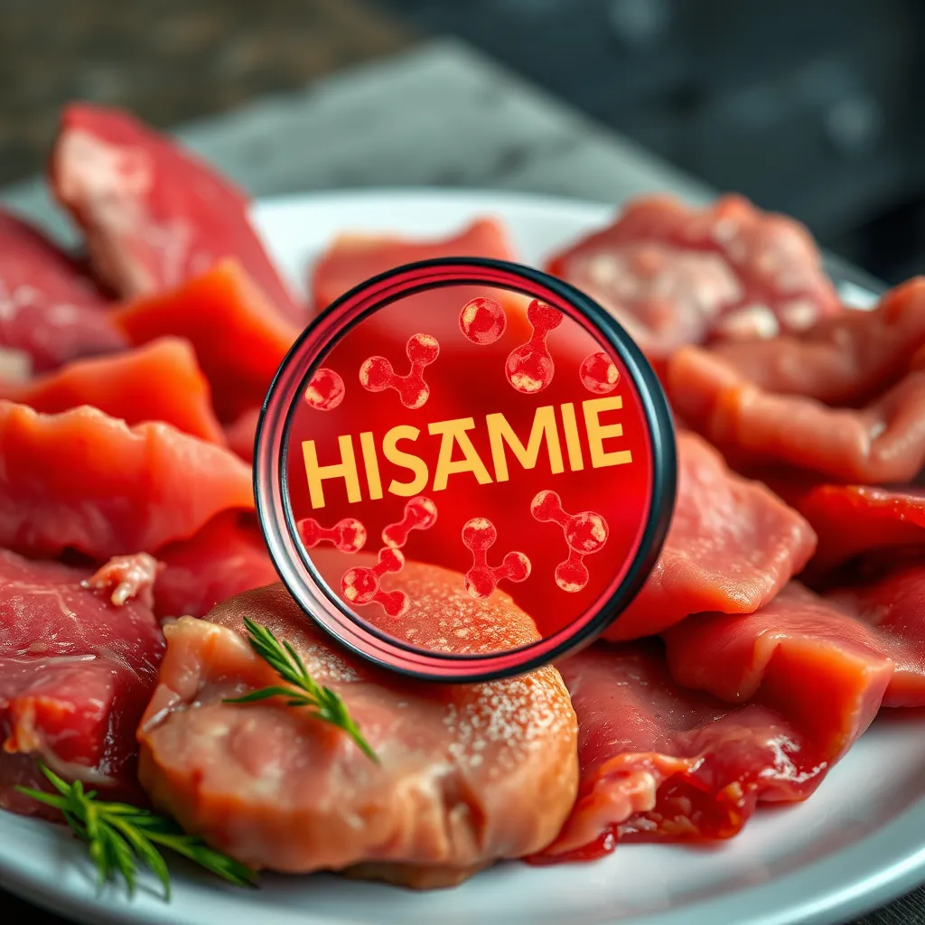 A close-up image of a plate with various cuts of meat, some fresh and lean, others processed and fatty, with a magnifying glass highlighting histamine molecules in the processed meats, creating a visually appealing and informative image about hidden histamines in meats.