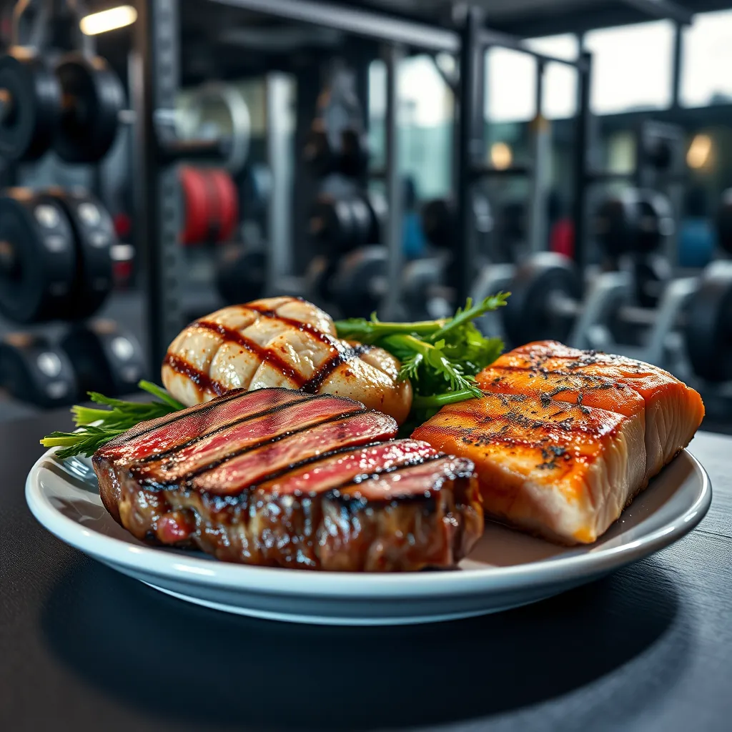 A close-up image of a plate with a juicy steak, grilled chicken breast, and salmon fillet. The plate is set against a backdrop of a gym with weights and exercise equipment, emphasizing the link between protein intake and physical strength.