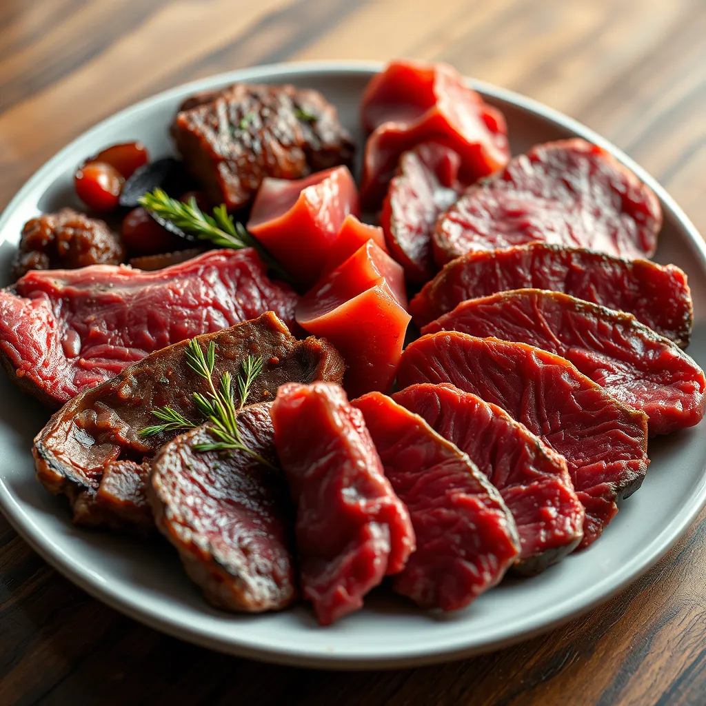 A close-up image of a plate with a variety of cuts of beef, including steak, ground beef, and beef liver, arranged artfully. The lighting should be warm and inviting, highlighting the rich colors and textures of the meat. The image should convey a sense of abundance and nutritional value.