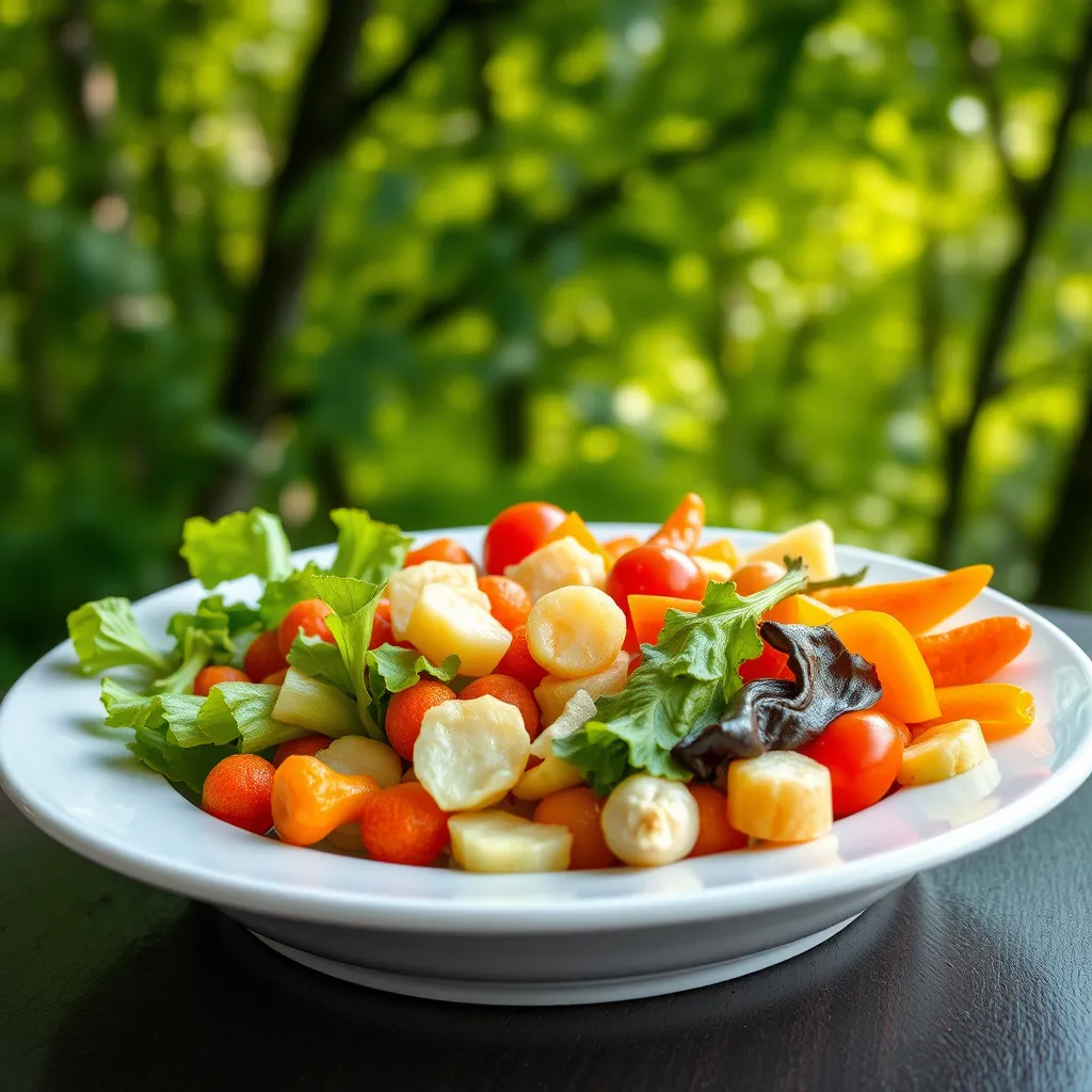 A close-up image of a plate with various colorful vegetables, some with their vibrant colors faded or discolored, suggesting the presence of anti-nutrients. The plate is set against a backdrop of a vibrant green forest, symbolizing nature and potential disruption to brain health. 