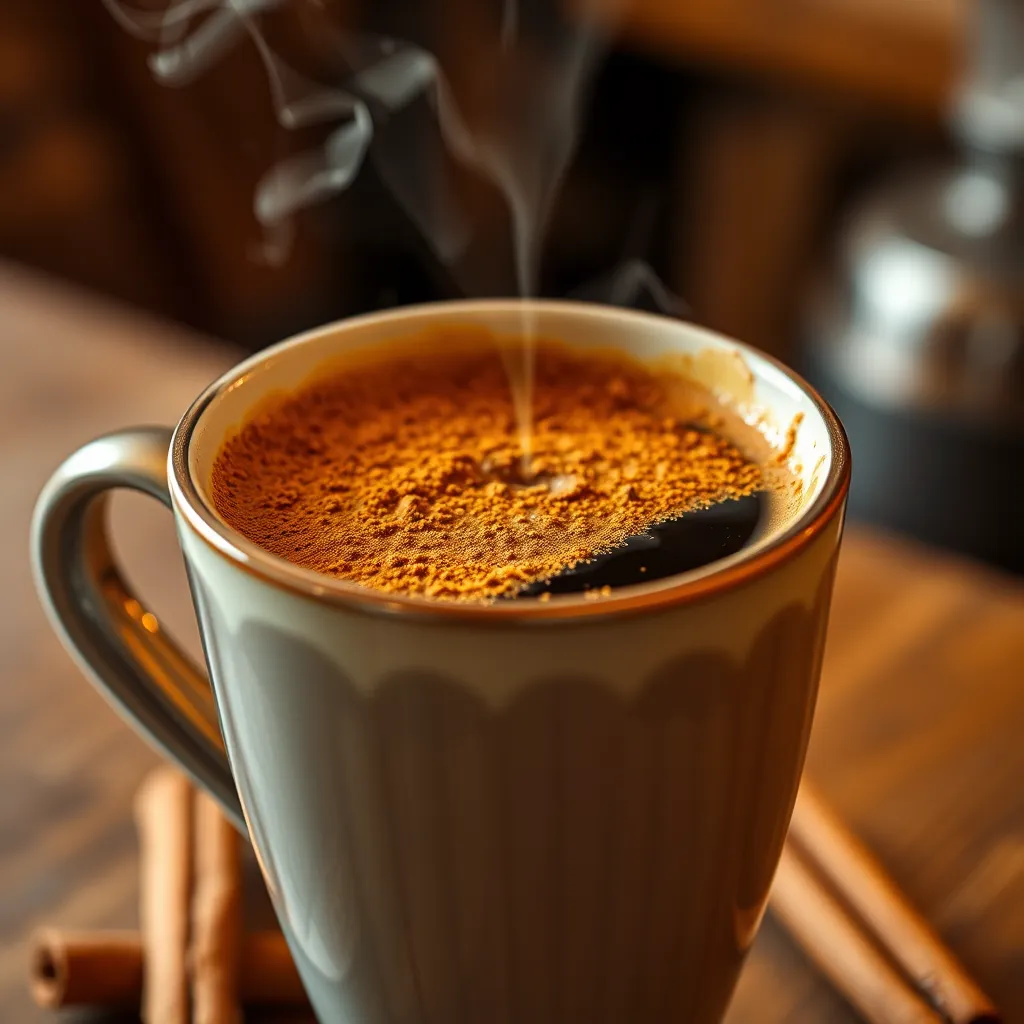 A close-up image of a steaming cup of coffee with a sprinkle of cinnamon on top. The coffee should be dark and rich, and the cinnamon should be a warm, inviting brown. The image should be set against a warm, inviting background, such as a cozy kitchen or a rustic cafe. The image should convey the warmth and comfort of a cup of coffee with a touch of cinnamon, and should also evoke a sense of health and well-being.