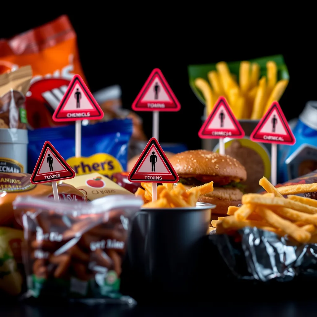 A close-up image of a variety of processed food products, such as packaged snacks, frozen meals, and fast food, with small, stylized red warning signs popping out of them, labeled with terms like 'toxins,' 'chemicals,' and 'artificial ingredients.' The background should be a dark, shadowy gradient to highlight the warnings.