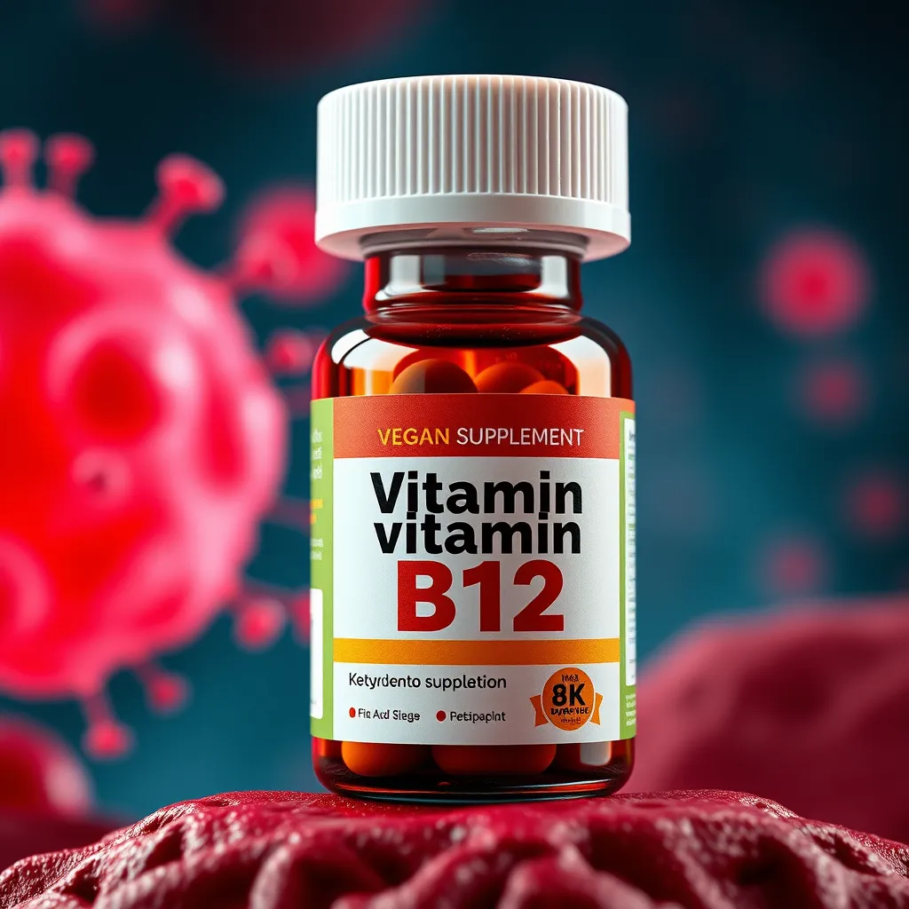 A close-up image of a vegan supplement bottle labeled 'Vitamin B12' with a red blood cell and nerve cell in the background. The image should emphasize the importance of supplementing for vegans.