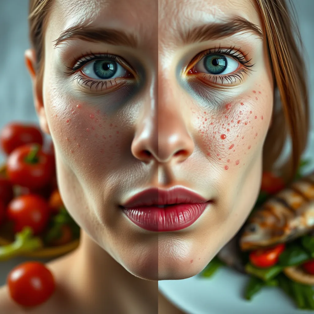 A close-up image of a woman's face, showing a clear complexion on the left side and acne-prone skin on the right side. The background features a split image, one side depicting vibrant vegetables and the other showing a plate of oily fish.