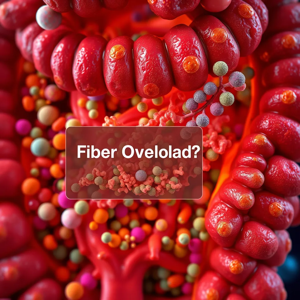 A close-up image of the human gut with diverse bacteria and microbes in vibrant colors. One section is highlighted in a darker shade with a smaller population of microbes, representing a disruption to the microbiome, accompanied by a text box reading 'Fiber Overload?'.