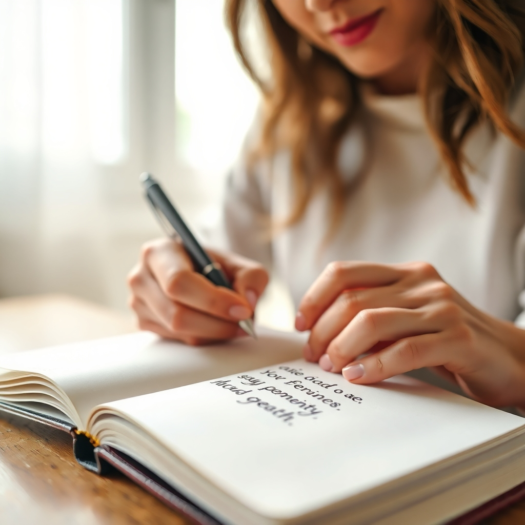 A close-up image showing a woman writing in a journal. The journal is open to a page with a handwritten affirmation. Soft light streams in through a nearby window. The background is blurred, creating a sense of intimacy and focus. The style should be photorealistic, capturing the tactile quality of the paper and the pen. The color palette should be warm and inviting, conveying a sense of comfort and hope. Consider adding subtle visual cues to emphasize the power of affirmations, such as glowing text or symbolic imagery. The camera angle should be slightly low, looking up at the journal to emphasize its importance. The composition should be simple and elegant, focusing on the act of writing as a transformative practice. This image should evoke feelings of empowerment, self-belief, and positive change. 4k resolution.