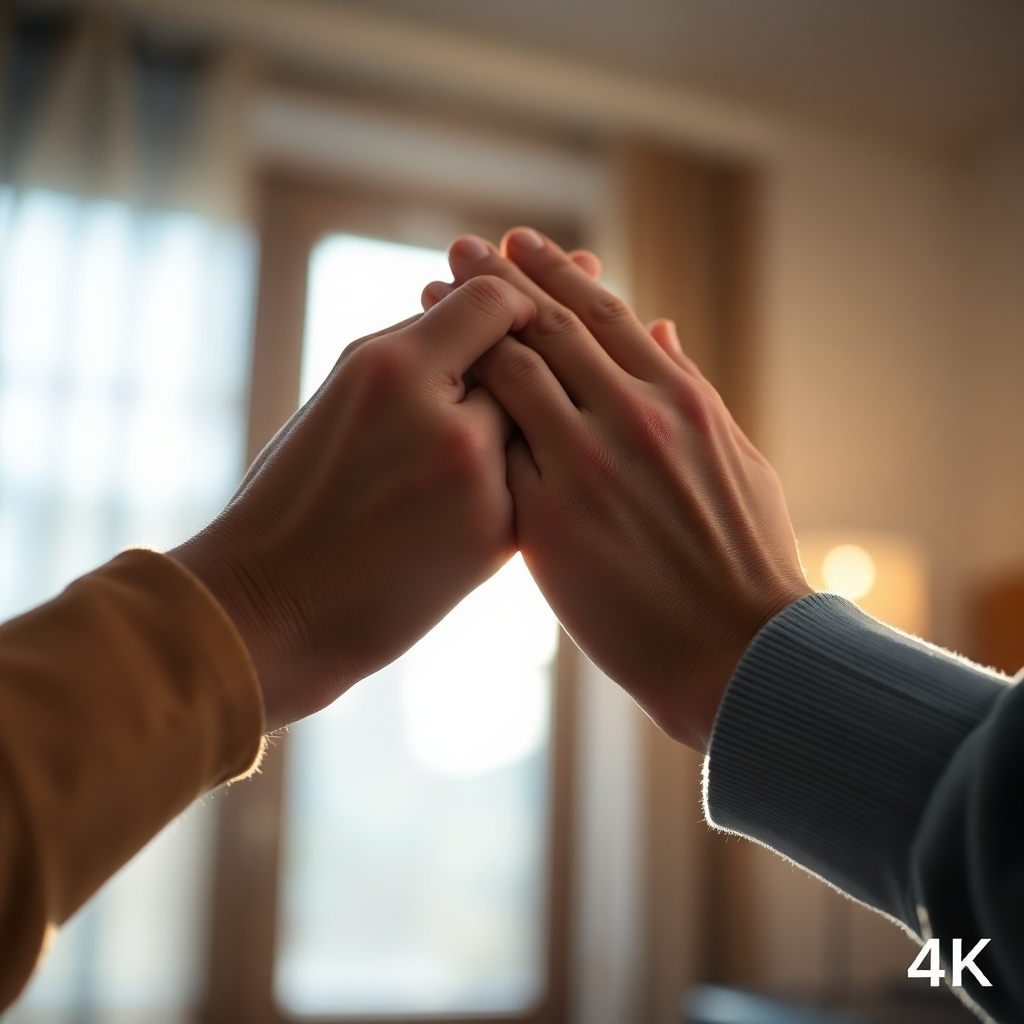 A close-up image showing two hands clasped together in a gesture of support and connection. Light streams in through a nearby window, illuminating the hands. The background is blurred, creating a sense of intimacy and trust. The style should be photorealistic, capturing the texture and warmth of the hands. The color palette should be soft and inviting, conveying a sense of comfort and hope. Consider adding subtle visual cues to emphasize the power of affirmative communication, such as glowing text or symbolic imagery. The camera angle should be slightly low, looking up at the hands to emphasize their importance. This image should evoke feelings of empathy, understanding, and connection. 4k resolution.