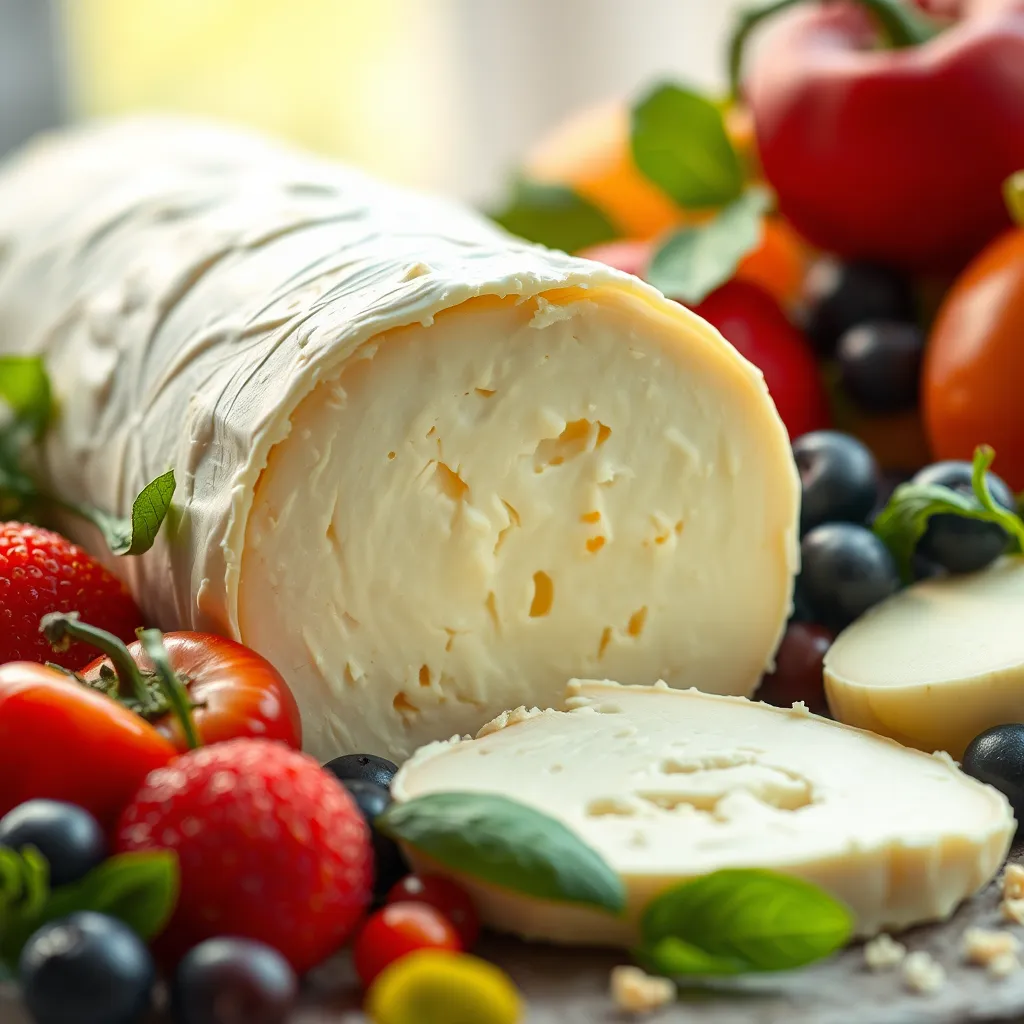A close-up of a creamy goat cheese log sliced open, revealing its texture. The cheese is surrounded by a vibrant mix of colorful fruits and vegetables, emphasizing its role in skin health and cellular repair. The background is a soft, natural light, showcasing the natural beauty of the ingredients.