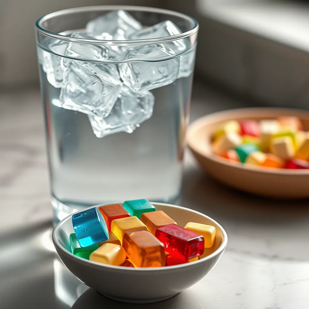 A close-up of a glass of water with ice cubes, and a small bowl with various colorful electrolyte tablets next to it. The tablets should be arranged to resemble a human body shape, symbolizing how they replenish electrolytes.