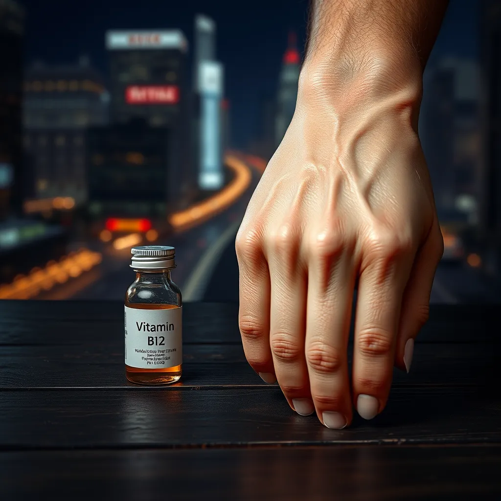 A close-up of a person's pale hand with visible veins, symbolizing anemia, and a vial labeled 'Vitamin B12' placed beside it, on a dark wooden table with a blurry background depicting a bustling city at night, suggesting a lack of energy and vitality.