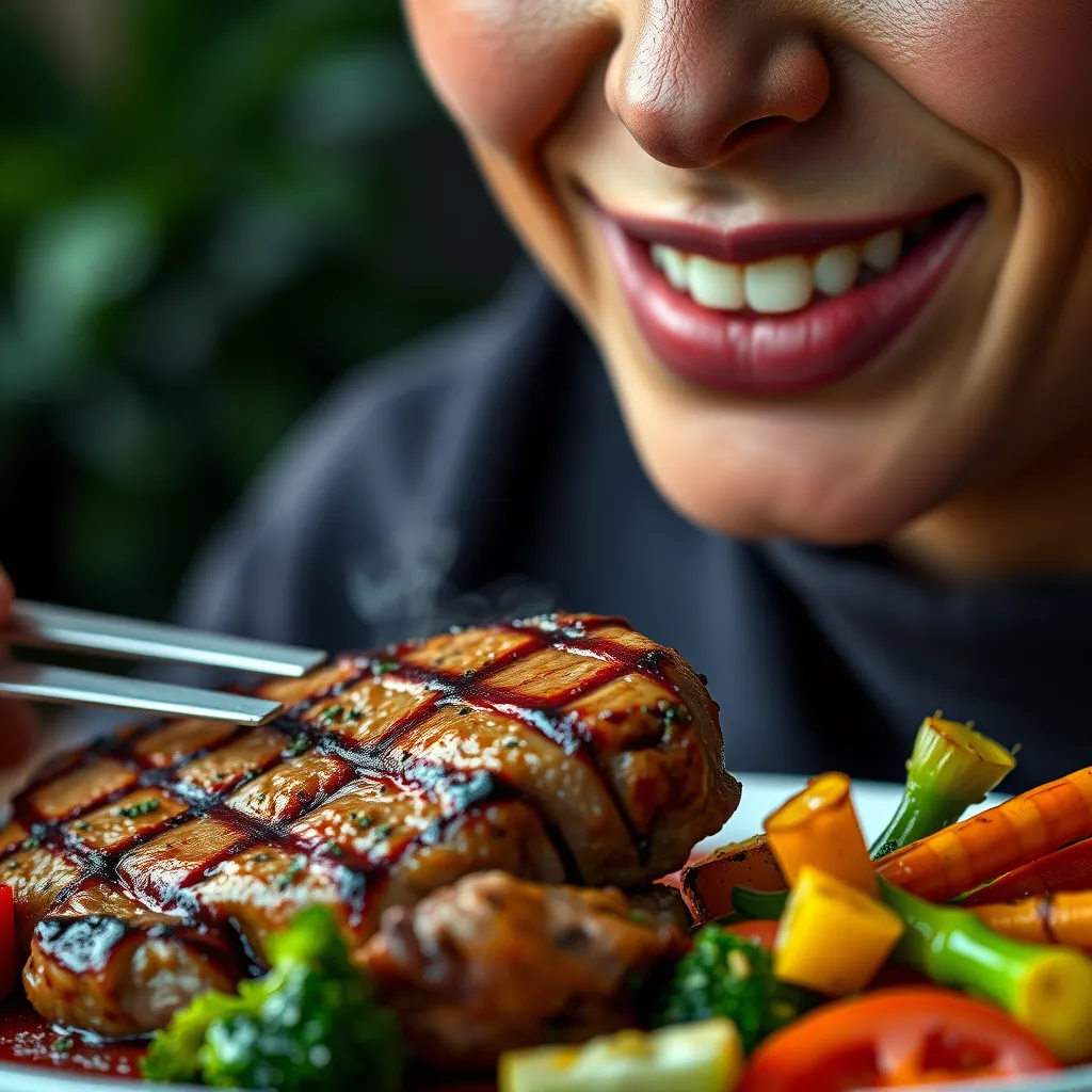 A close-up of a person with a healthy and glowing complexion, enjoying a plate of grilled steak and vegetables, representing a balanced and healthy diet that supports good digestion.