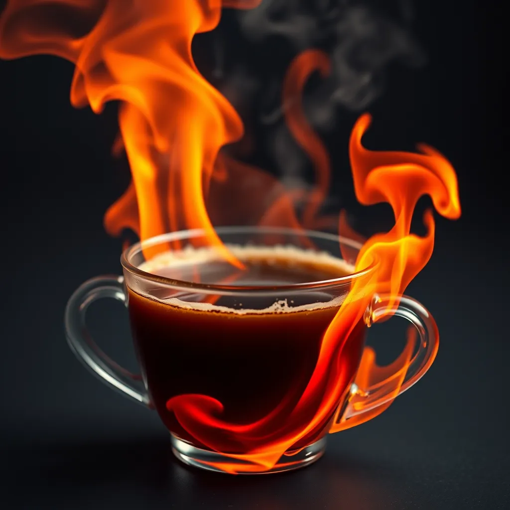 A close-up of a steaming cup of coffee, with vibrant red and orange flames swirling around it, symbolizing the thermogenic effect of coffee. The flames should be stylized and represent the burning of calories.