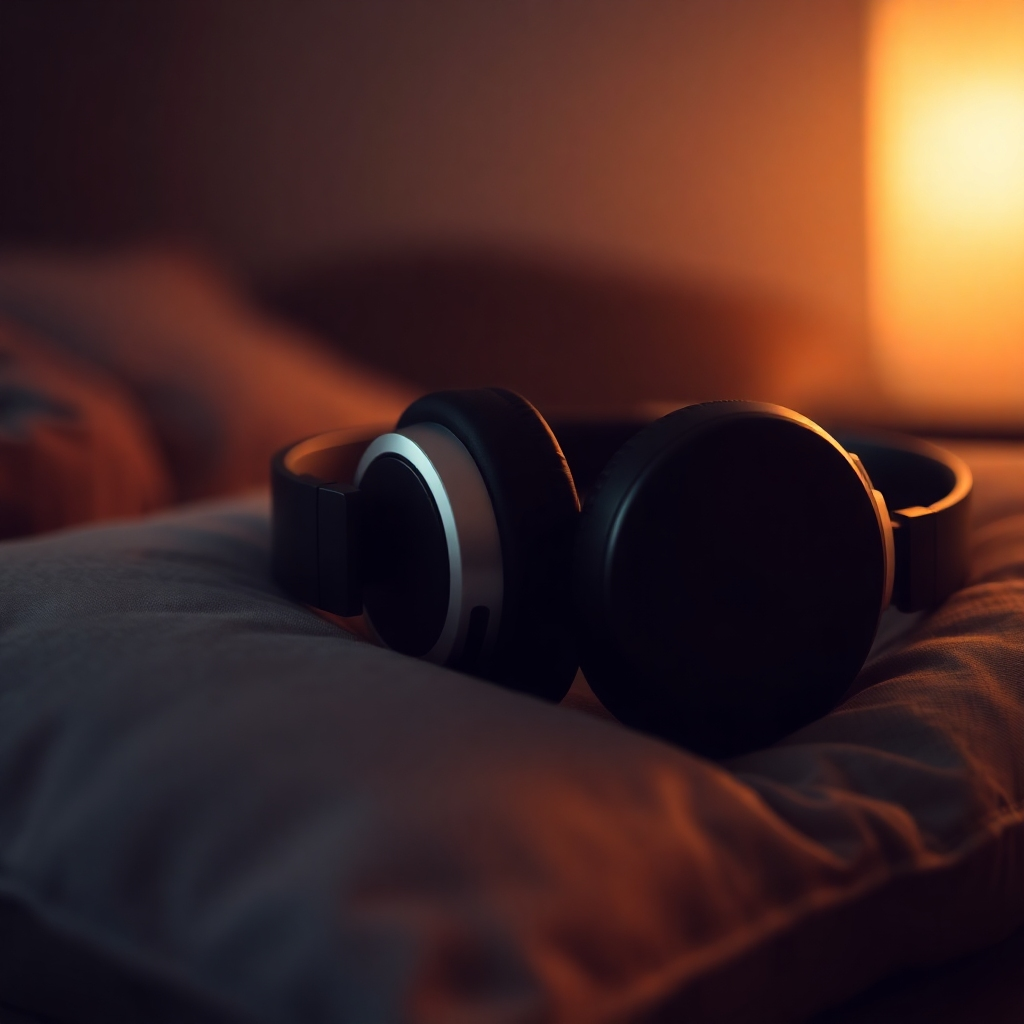 A close-up of headphones resting on a pillow, with sound waves emanating from them. The scene is dimly lit and peaceful, suggesting a relaxing and immersive experience.