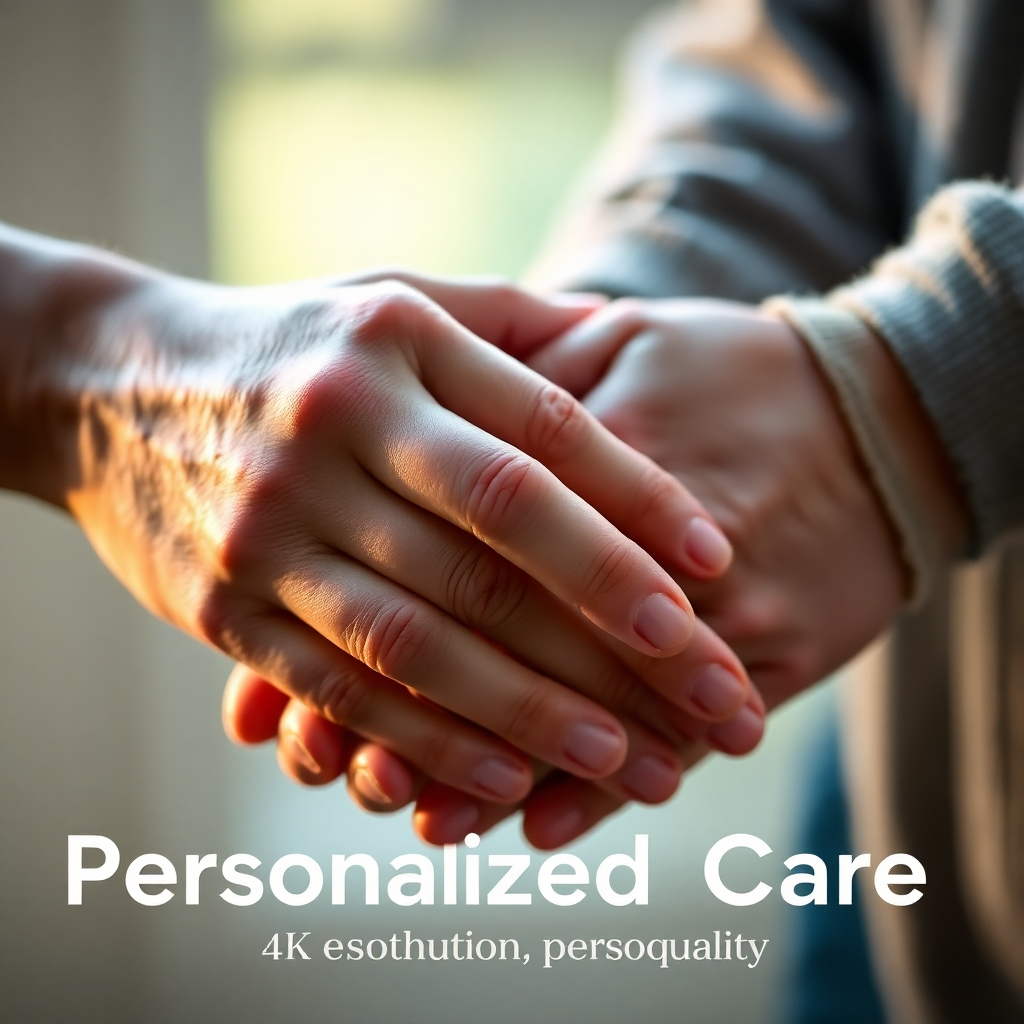 A close-up of two hands gently touching, symbolizing connection and support. Soft, warm light illuminates the hands. The background is blurred, creating a sense of intimacy and trust. The image conveys personalized care and attention. 4K resolution, high quality.