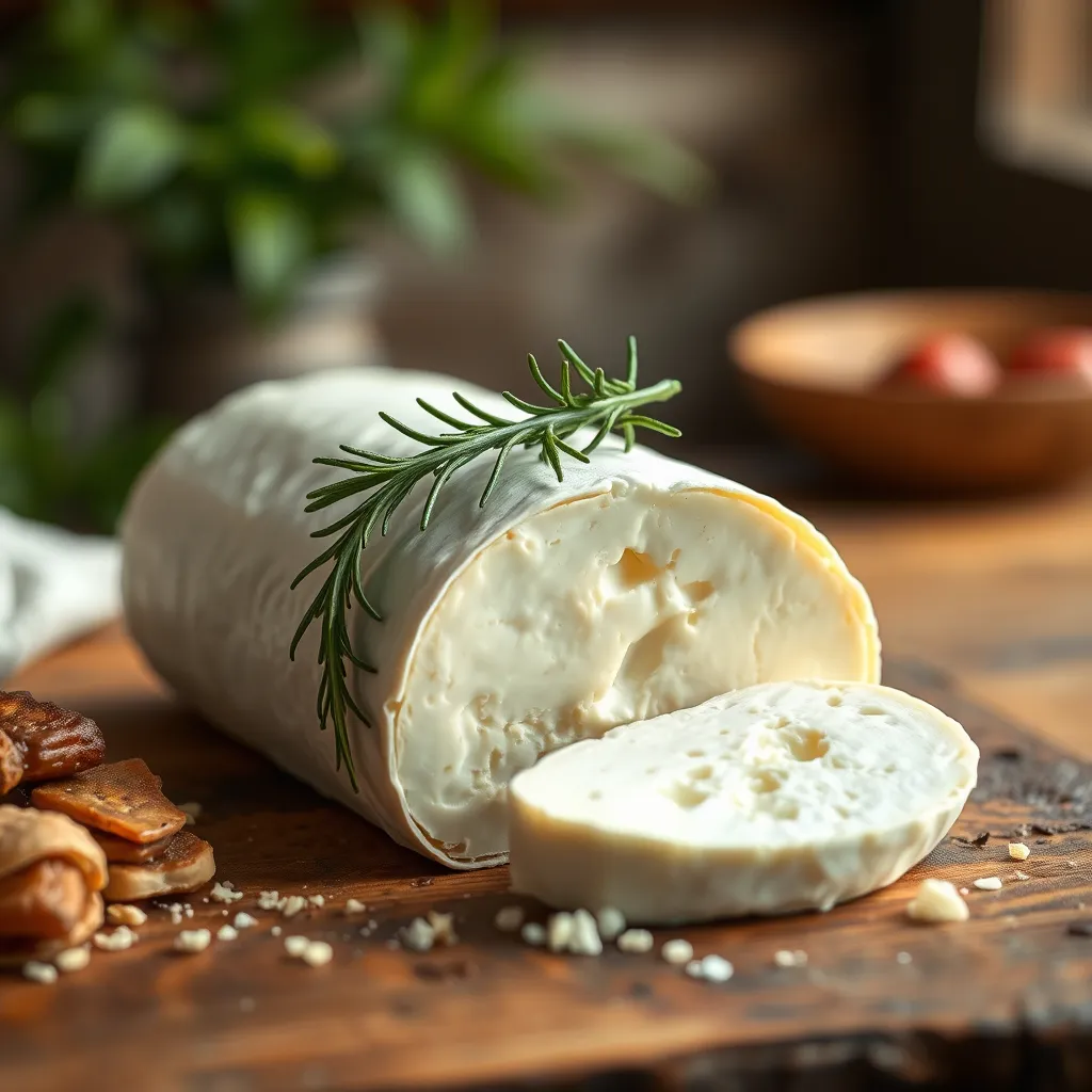 A close-up photo of a creamy, white goat cheese log, sliced open to reveal its texture, with a few fresh herbs and a sprig of rosemary on top. The background should be a rustic wooden table with a blurred, warm light effect.