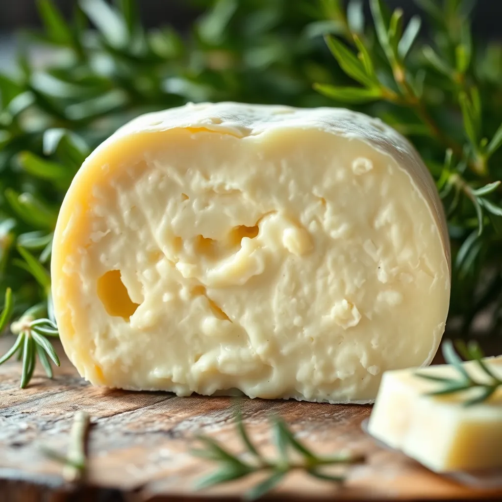 A close-up photo of a creamy goat cheese log, with a focus on its texture and rich color. The background should feature fresh, green herbs like rosemary and thyme, emphasizing the natural and healthy aspects of goat cheese.