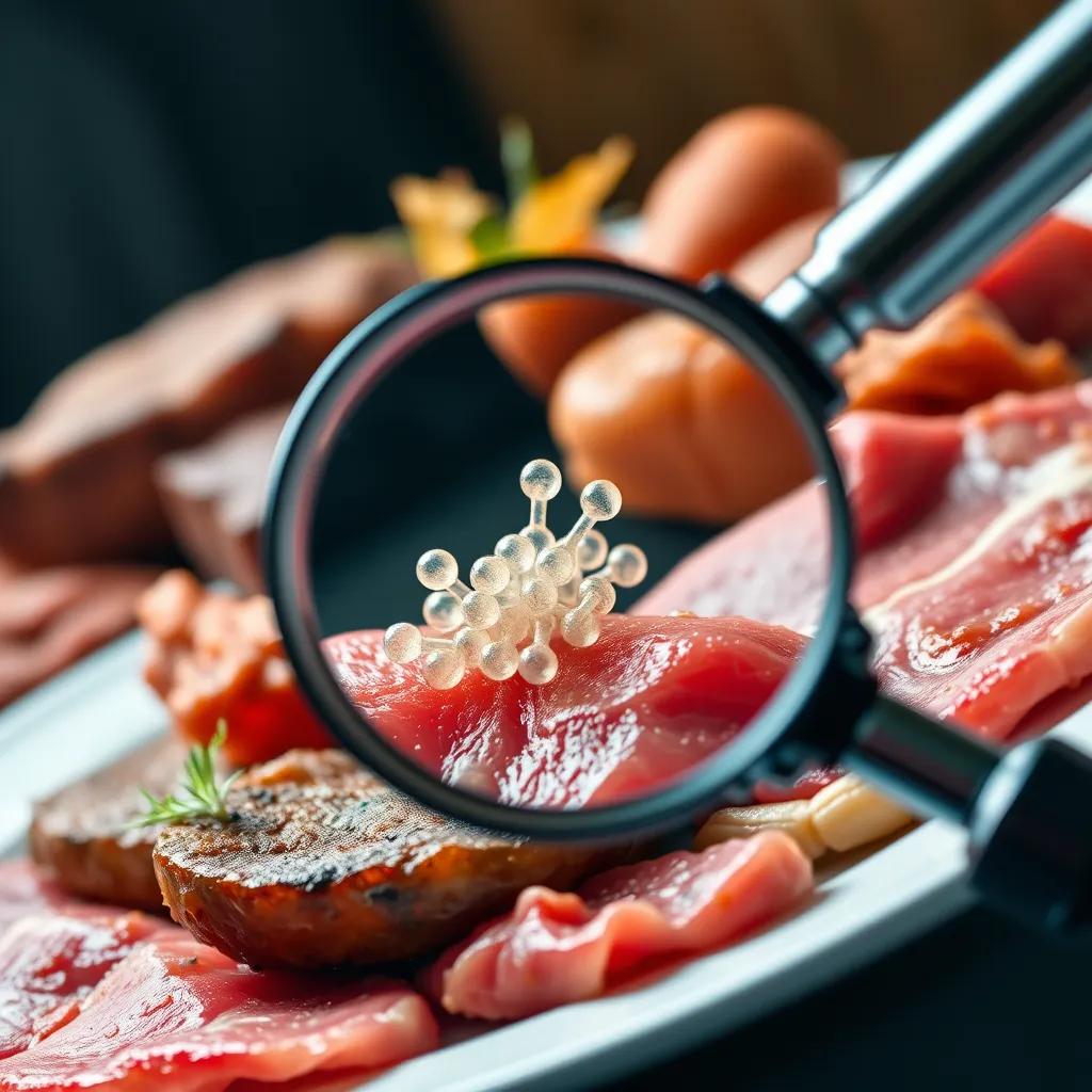 A close-up photo of a plate with various types of meat, including red meat, poultry, and processed meat, with a magnifying glass focusing on a small section of the meat, highlighting a cluster of microscopic histamine molecules.