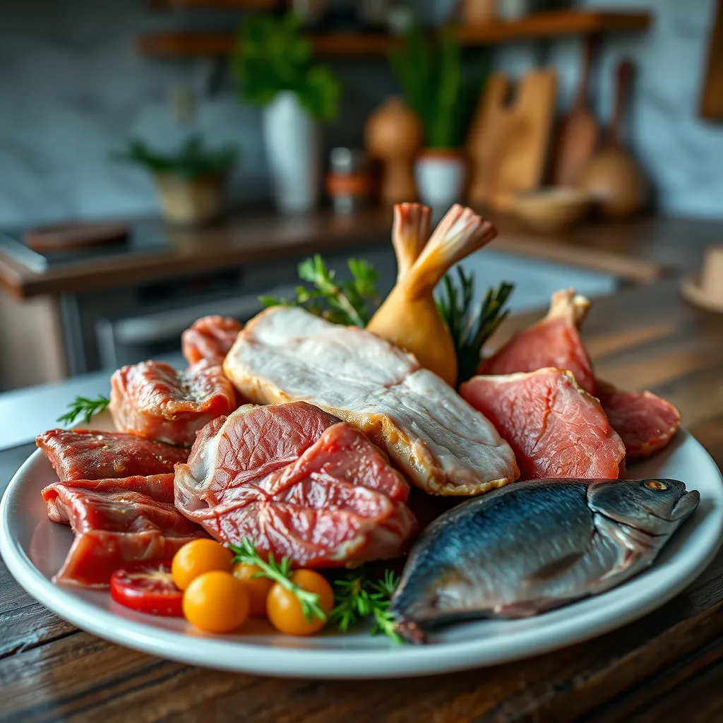 A close-up photo of a plate with a variety of different types of meat, including beef, pork, chicken, and fish. The plate should be placed on a rustic wooden table with a blurred background of a kitchen.
