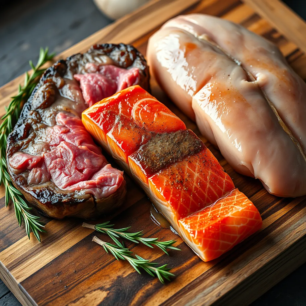 A close-up photo showcasing a variety of high-quality meats: a marbled grass-fed steak, a glistening piece of wild-caught salmon, and a plump, organic chicken breast, all arranged on a rustic wooden cutting board with sprigs of rosemary and thyme.