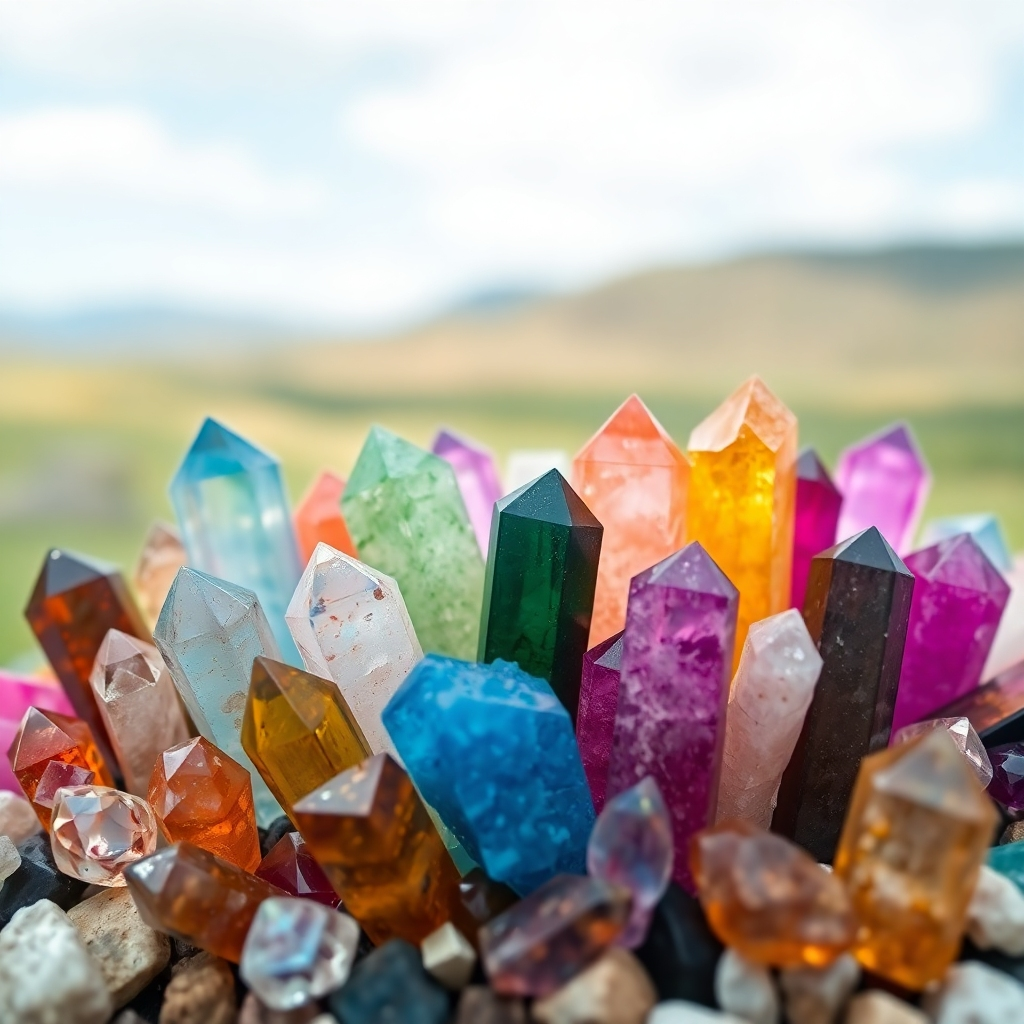 A close-up, photorealistic image of a variety of crystals arranged in a grid pattern. Each crystal is radiating its unique energy and color. The background is a blurred landscape, creating a sense of connection to nature. Colors: A vibrant array of colors, depending on the crystals used. Style: Focus on capturing the beauty and energy of crystals.