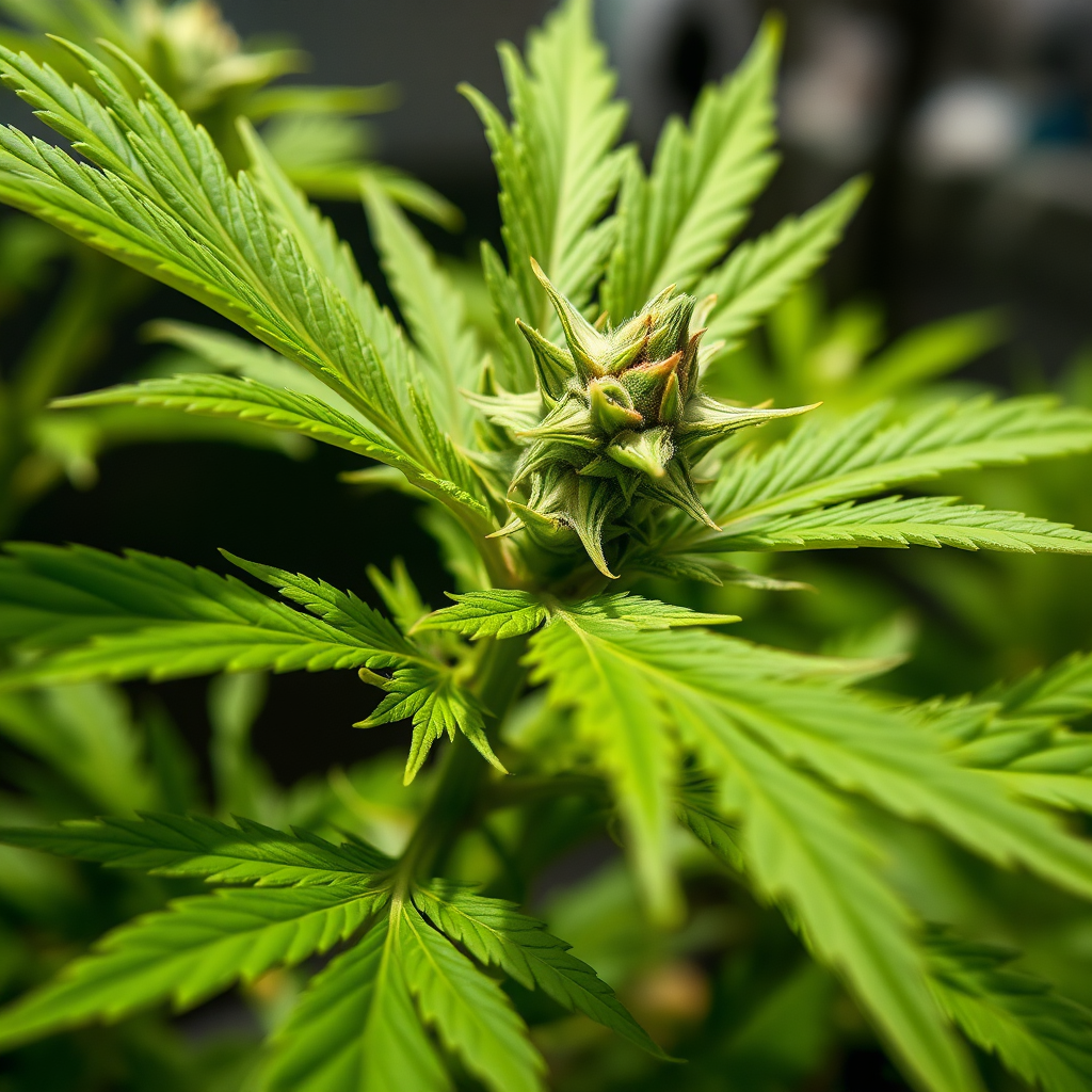 A close-up, photorealistic image of a healthy cannabis plant growing indoors under optimal lighting conditions. The focus should be on the vibrant green leaves and developing buds. 4k resolution, macro lens.