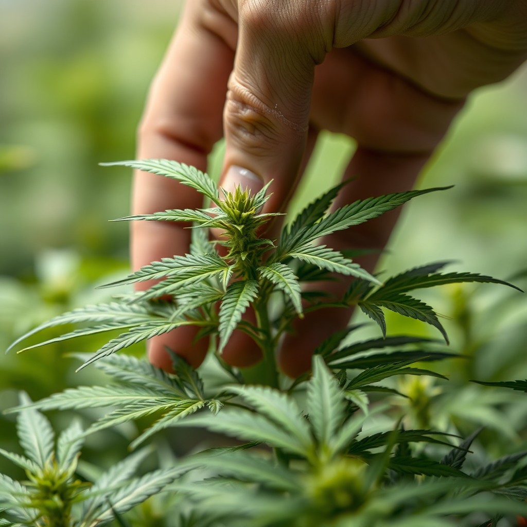 A close-up, photorealistic image of a hand carefully tending to a cannabis plant. Focus on showcasing the care and attention required for successful cultivation. 4k resolution, macro lens.