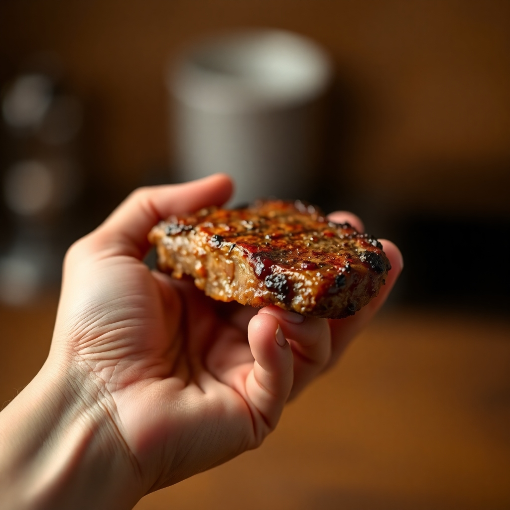 A close-up, photorealistic image of a hand gently holding a perfectly cooked piece of meat. Soft, diffused lighting highlights the textures and colors. Focus on conveying a sense of reverence and gratitude for the food. The background is blurred, emphasizing the connection between hand and food. Warm tones, shallow depth of field.