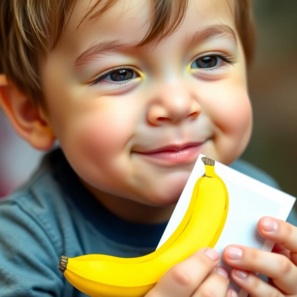 A close-up shot of a child holding a banana card, looking at it with a thoughtful and content expression.  The background should be slightly blurred, focusing attention on the child and the card. Resolution: 4K. Style: Photorealistic. Color palette: Soft and natural.