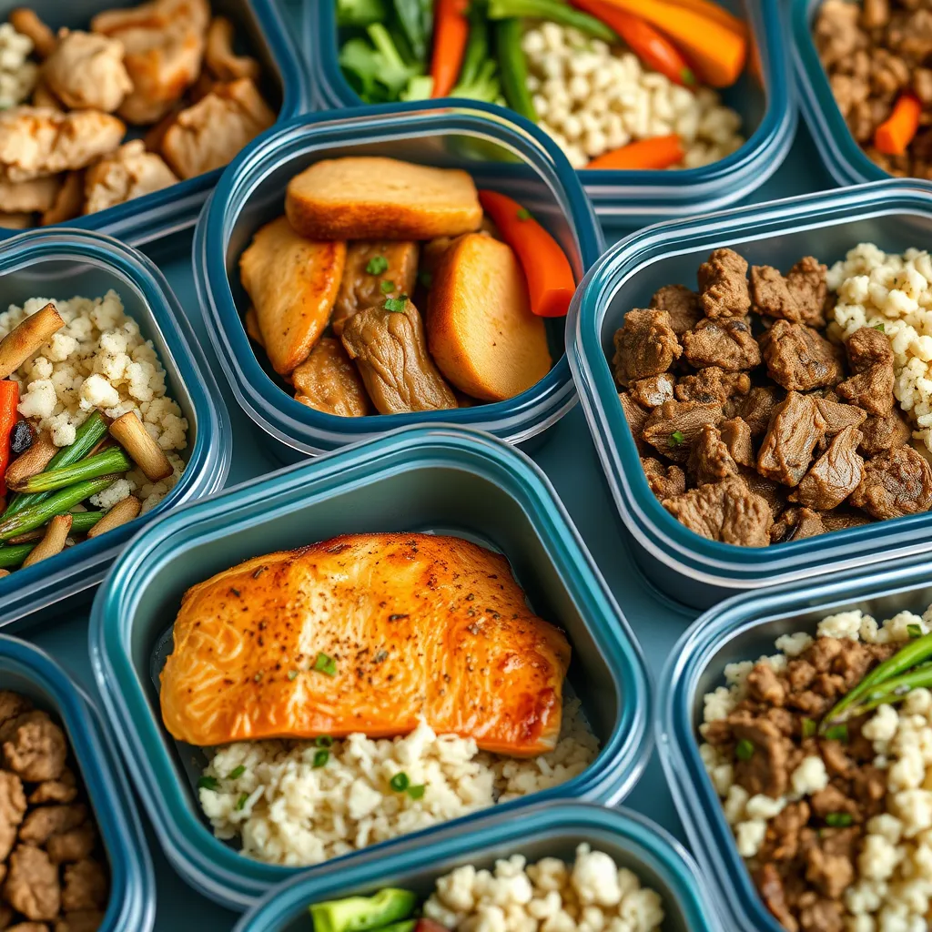 A close-up shot of a colorful and appealing collection of meal prep containers filled with various high-protein meals, such as chicken stir-fry, salmon with roasted vegetables, and ground beef with cauliflower rice. The containers should be organized and aesthetically pleasing, showcasing the convenience of meal prepping.