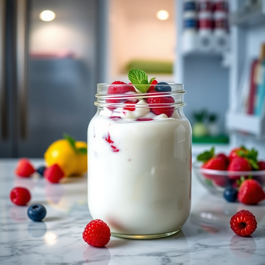 A close-up shot of a glass jar filled with creamy, white yogurt. The yogurt is topped with fresh berries and a sprig of mint. The jar is placed on a marble countertop next to an open refrigerator. The image has a fresh and appetizing look, showcasing the finished product and its potential for delicious and healthy consumption.