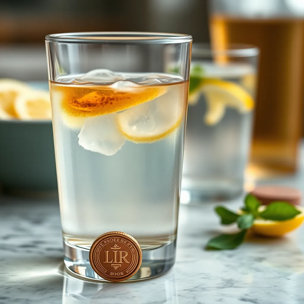 A close-up shot of a glass of copper-infused water, with a copper coin at the bottom, sitting on a table with a bowl of bone broth and a glass of lemon water in the background.