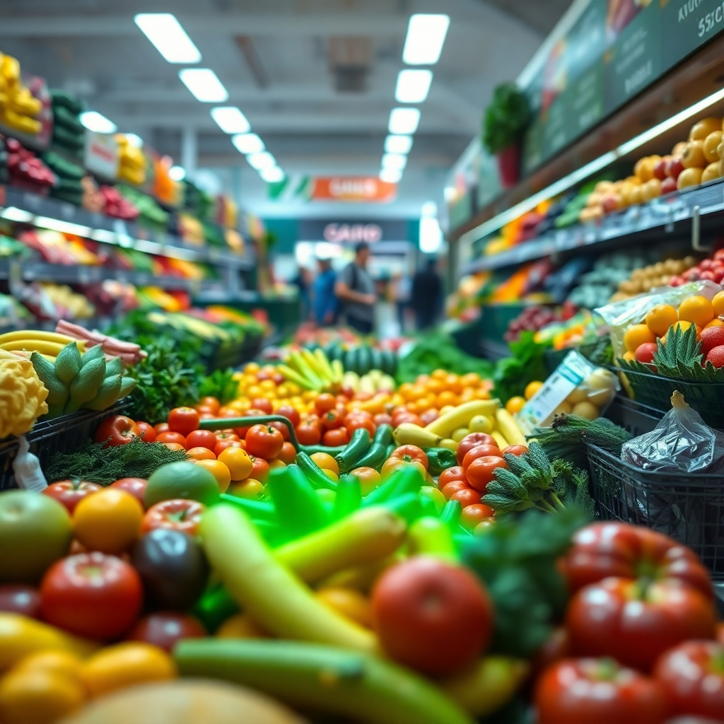 A close-up shot of a grocery store aisle filled with colorful fruits and vegetables, with a subtle, almost invisible, glowing green aura surrounding some of the produce, suggesting the presence of GMOs. The background should be a blurry image of shoppers browsing through the aisles, creating a sense of hidden truth.